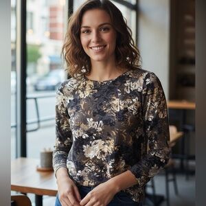 Croft & Barrow 0X Women's Floral Tee Black/Cream/Coco Long Sleeve 100% Cotton